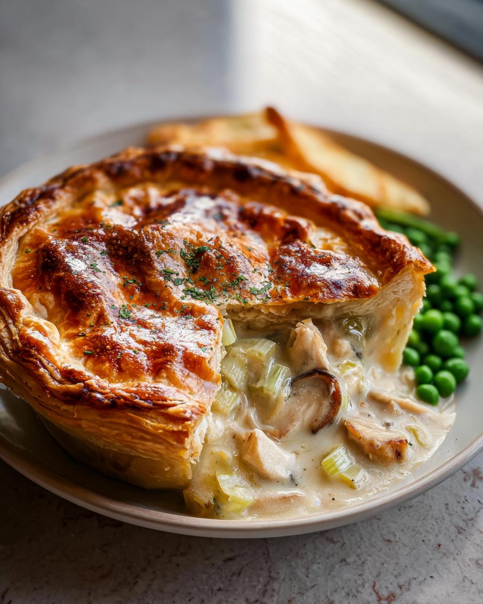 A slice of golden, flaky Chicken and Leek Pie, revealing creamy filling with chicken and leeks, served with peas and chips.