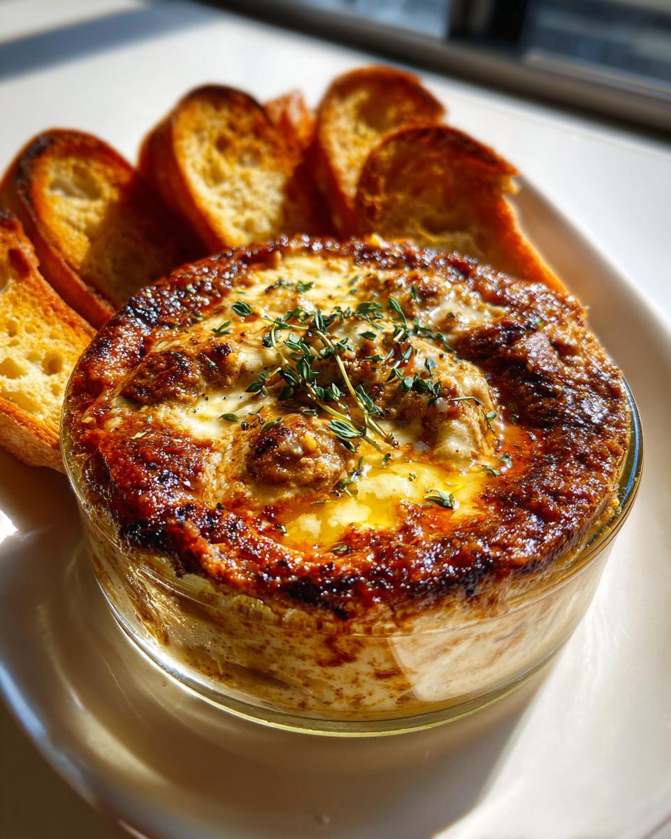 A golden-brown baked chicken liver pate, inspired by Jamie Oliver, served in a glass dish with toasted baguette slices.