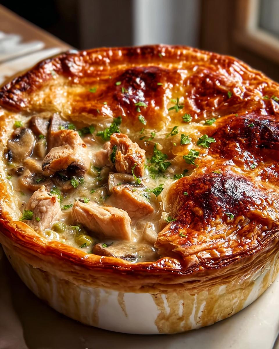 A golden-brown, flaky pastry lid covers a rich filling of chicken and mushroom pie, garnished with fresh parsley.
