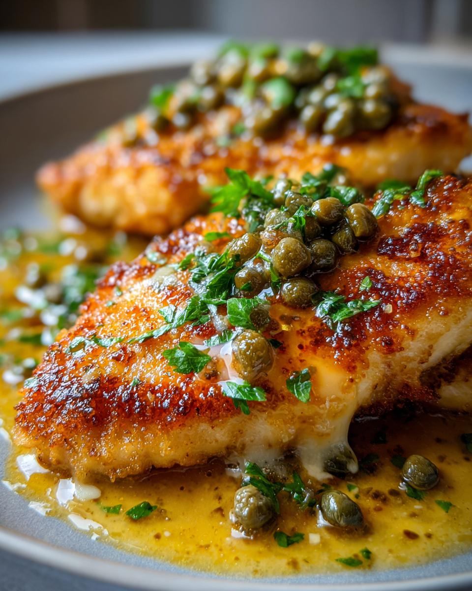 Close-up of two golden-brown chicken romano fillets topped with capers and fresh parsley, served in a lemon butter sauce.