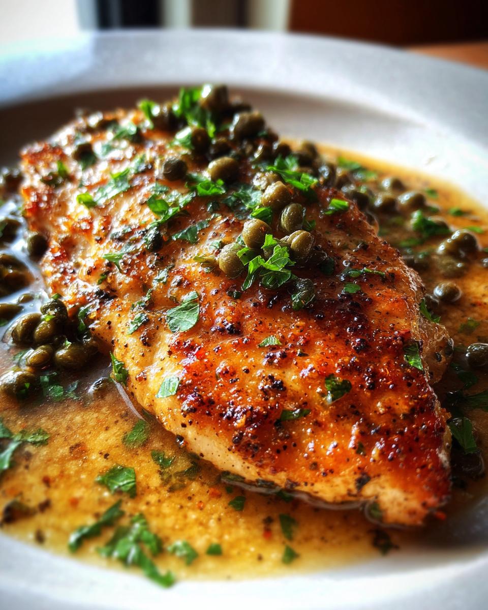A close-up of a perfectly cooked Chicken Romano breast, generously topped with capers and fresh parsley, served in a savory sauce.