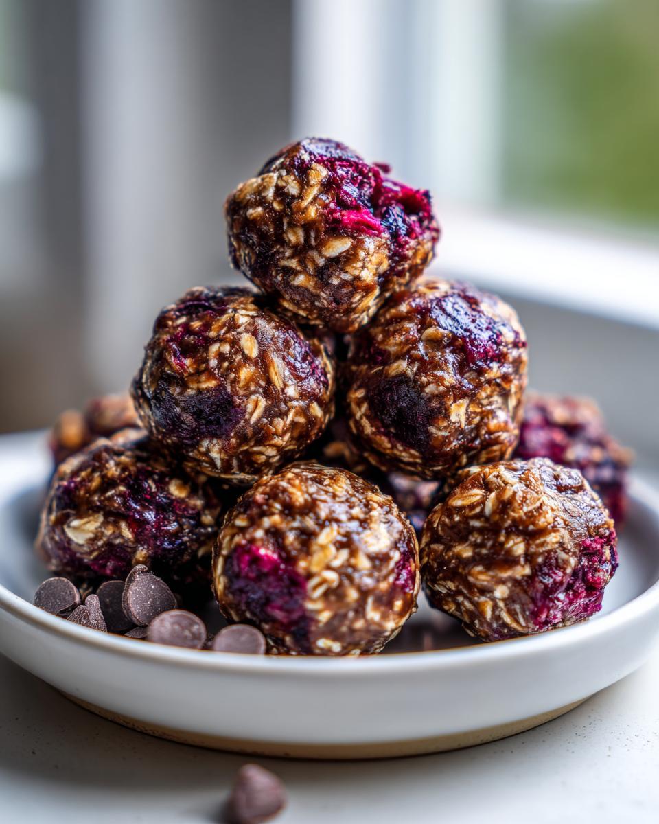 A stack of delicious chocolate blueberry energy bites on a white plate with chocolate chips.