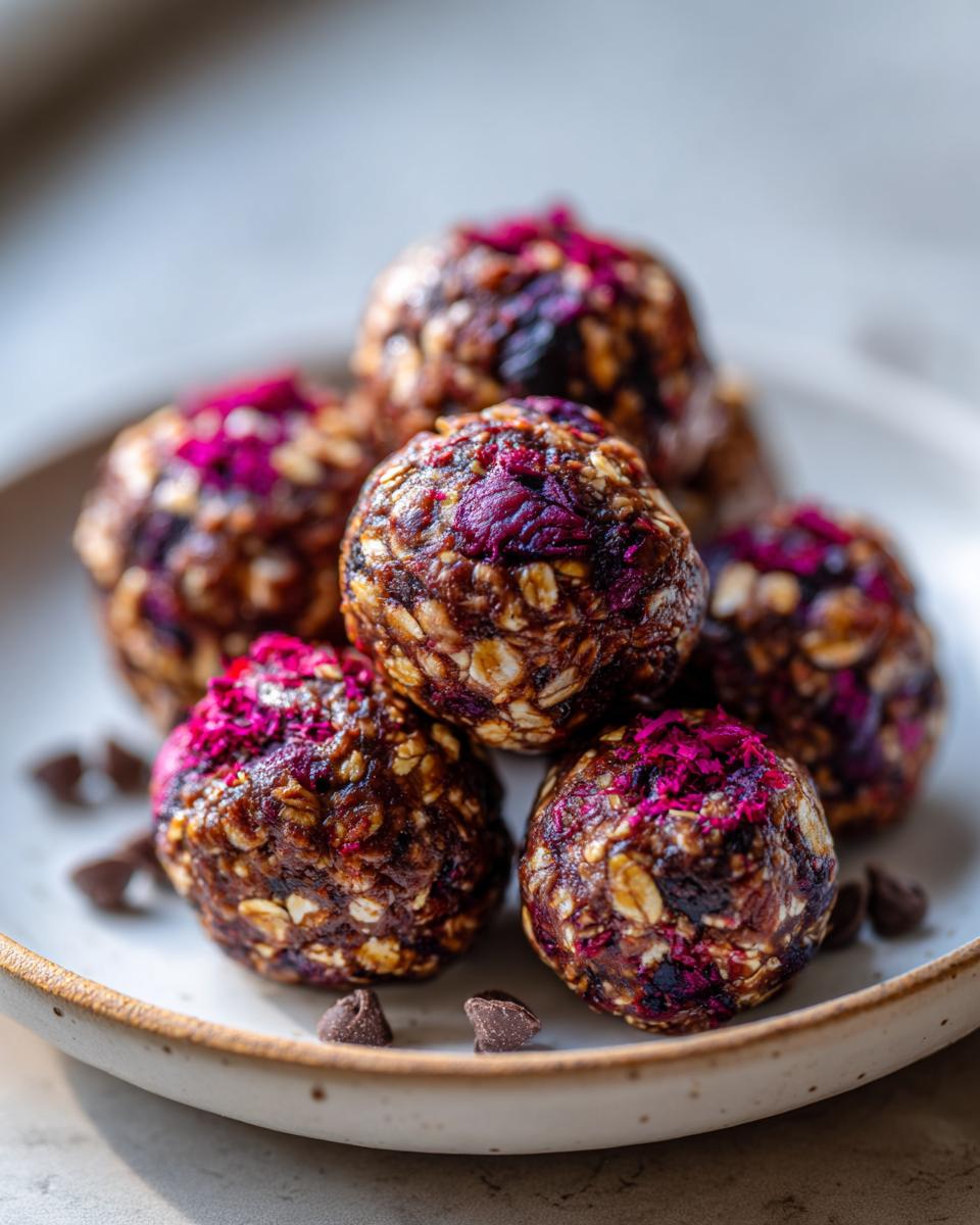 A close-up of a stack of chocolate blueberry energy bites, topped with pink dried fruit or powder.