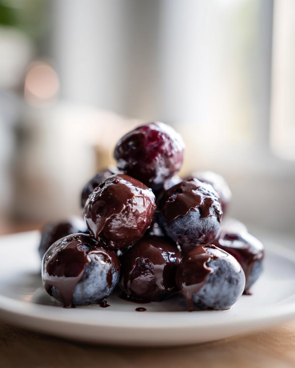A close-up stack of fresh blueberries coated in rich dark chocolate, showcasing chocolate covered blueberry bites.