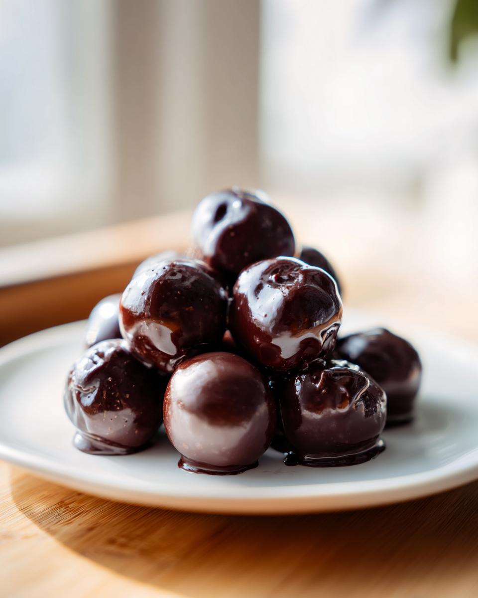 A close-up of a stack of glistening chocolate covered blueberry bites on a white plate.