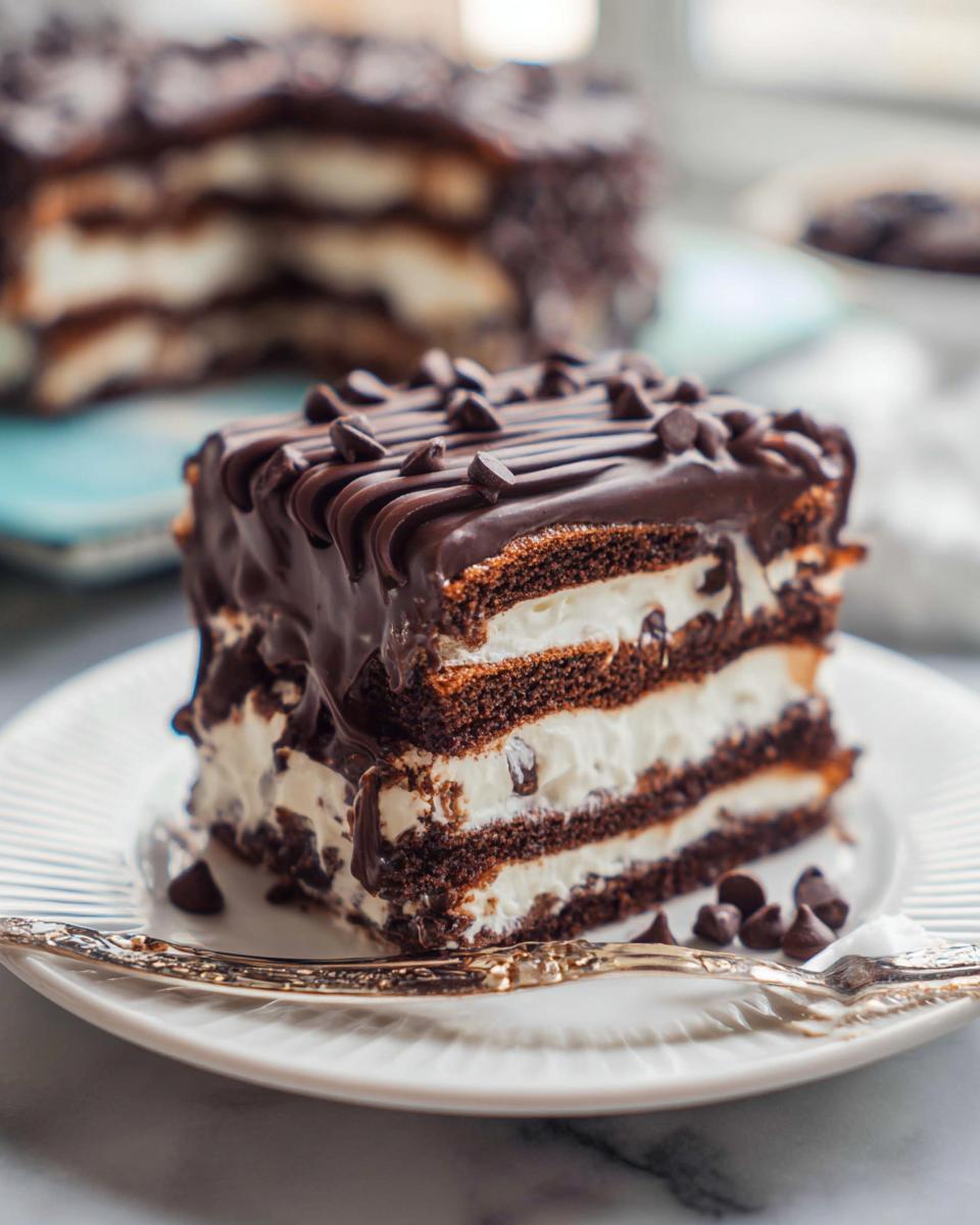 A rich slice of Chocolate Icebox Cake with layers of chocolate cake, cream, and chocolate chips, topped with chocolate ganache.
