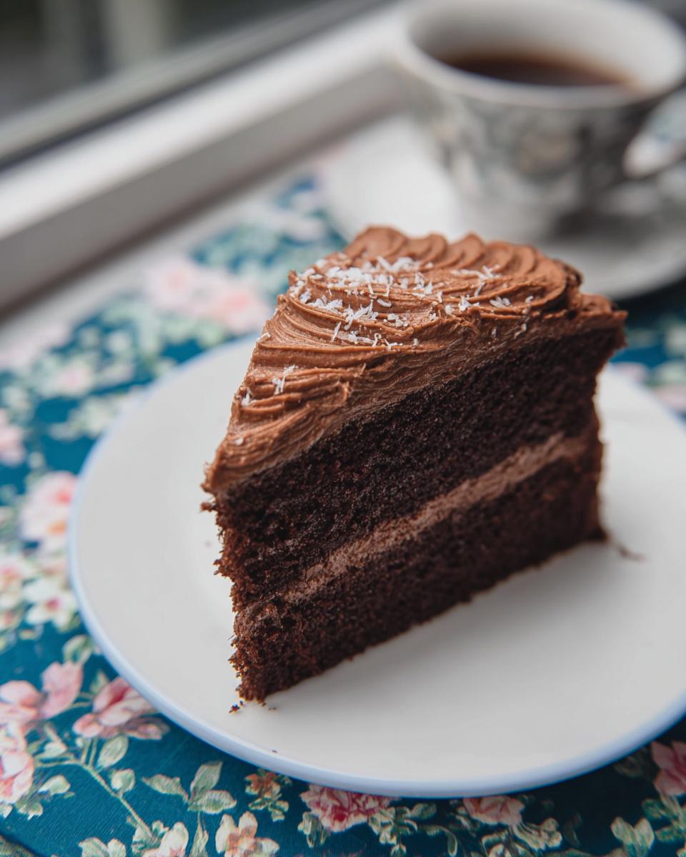 A decadent slice of Chocolate Victoria Sponge Cake Nigella Inspired, with rich chocolate frosting and a sprinkle of coconut.