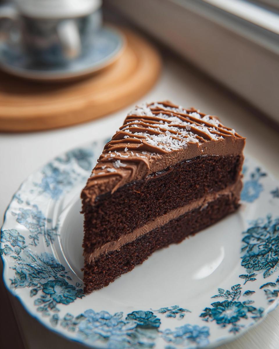 A decadent slice of Chocolate Victoria Sponge Cake, featuring rich chocolate layers and smooth chocolate frosting, topped with shredded coconut.