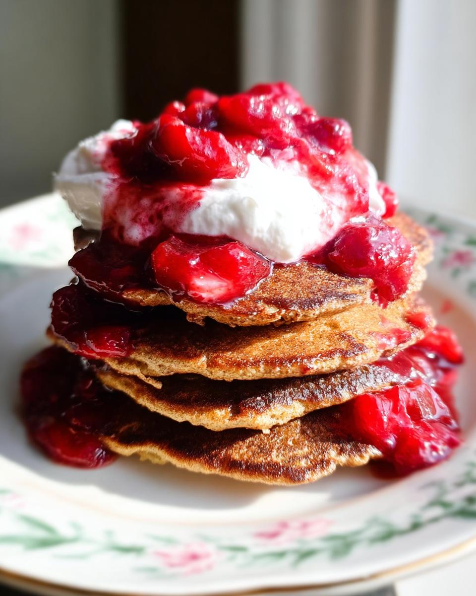 A stack of golden Cinnamon Spice Pancakes topped with whipped cream and a generous serving of cherry compote.