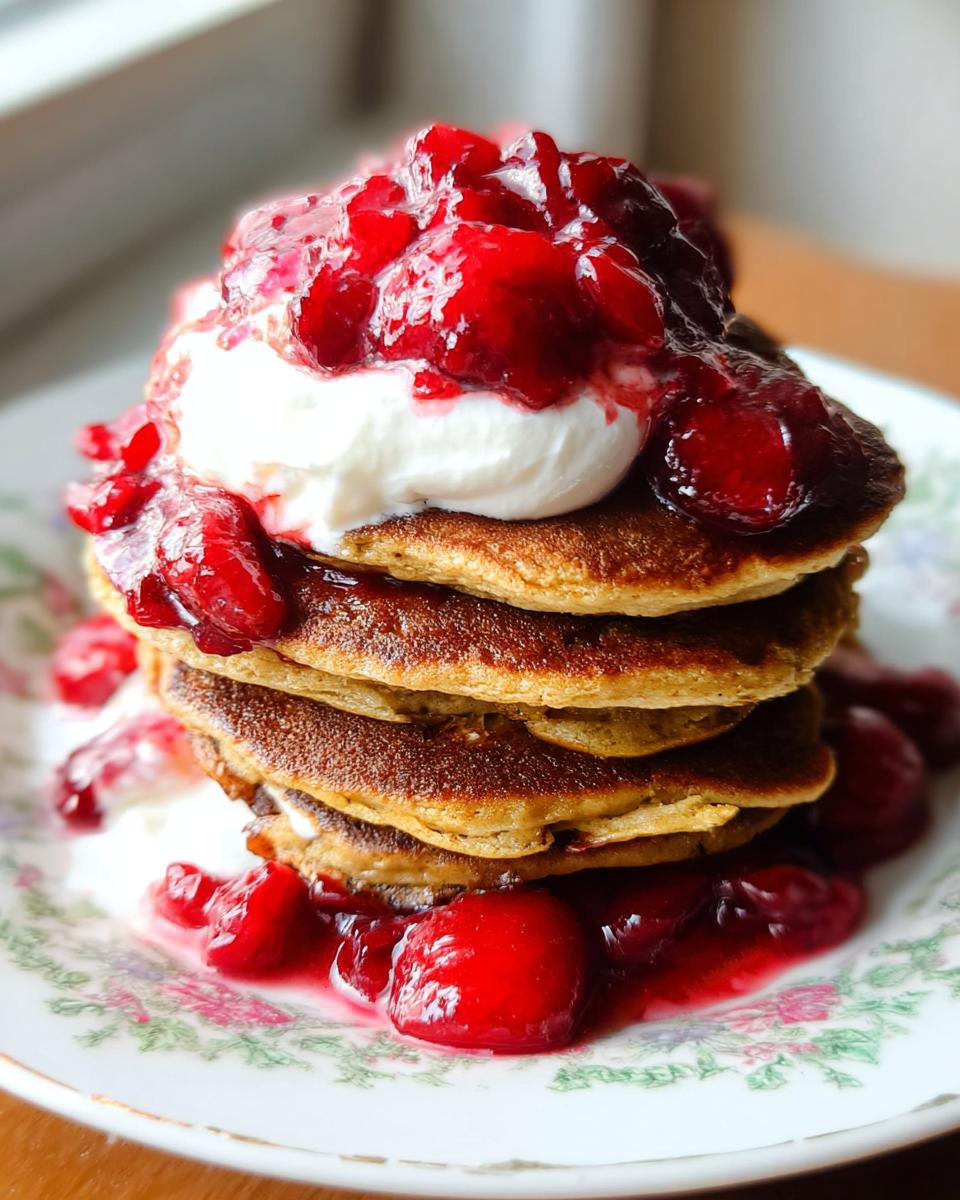 A stack of fluffy Cinnamon Spice Pancakes topped with whipped cream and a generous serving of cherry compote.