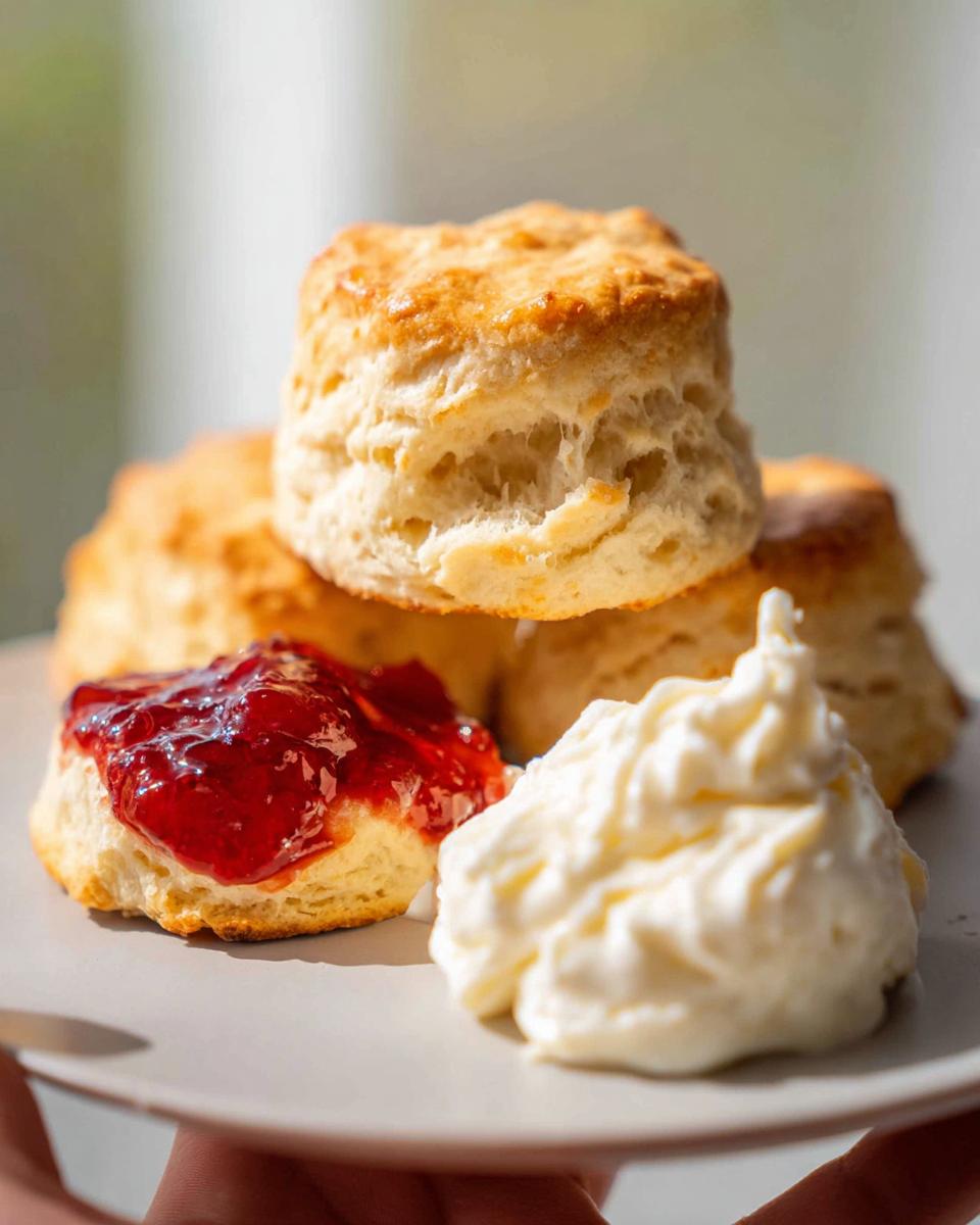 A close-up of three golden Classic Scones, one topped with bright red jam and another with a dollop of clotted cream.