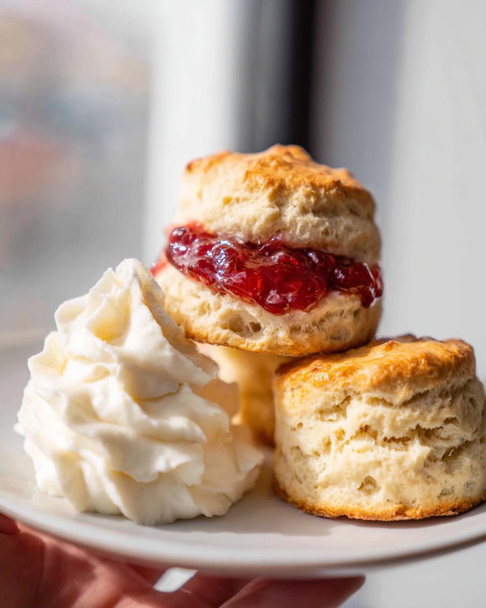 Close-up of classic scones with strawberry jam and clotted cream on a white plate.