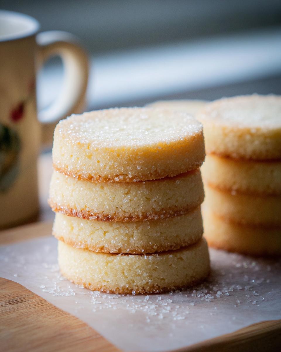 A stack of Classic Shortbread Rounds Mary Berry Inspired, dusted with sugar, next to a mug.