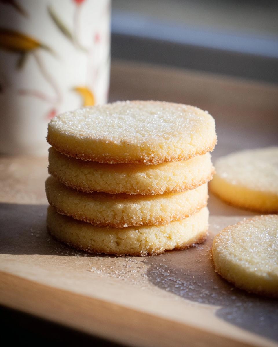 A stack of four Classic Shortbread Rounds Mary Berry Inspired, dusted with sugar, with more shortbread to the side.