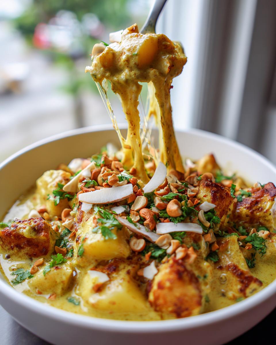 A fork lifting a cheesy portion of Coconut Chicken Curry, showing a delicious cheese pull, topped with cashews and coconut flakes.