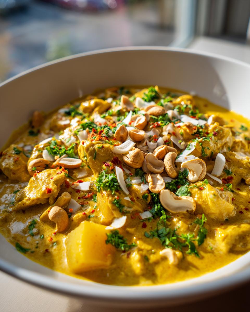A close-up of a rich and creamy Coconut Chicken Curry, garnished with cashews, chilli flakes, and fresh parsley.