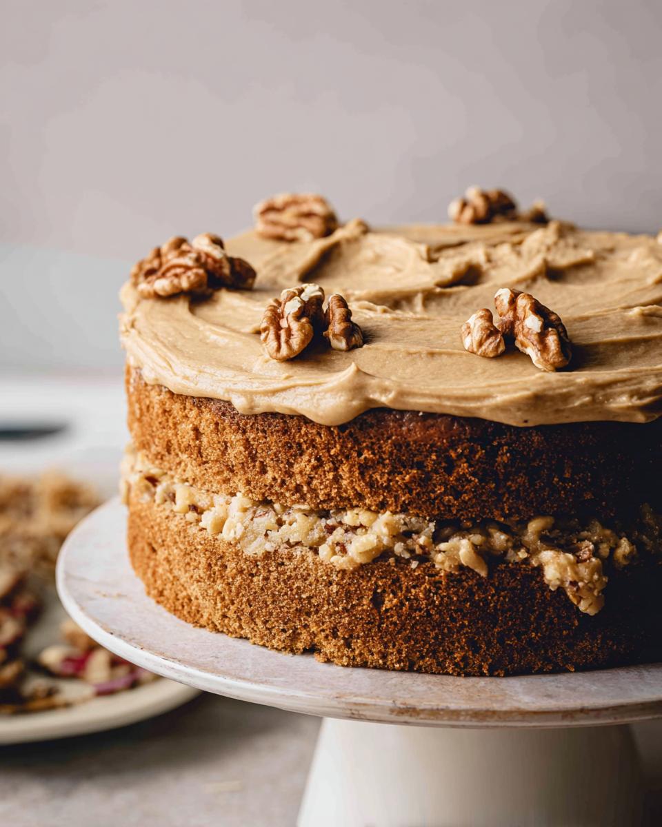 A delicious Coffee and Walnut Cake Mary Berry-Inspired, topped with coffee buttercream and whole walnuts.