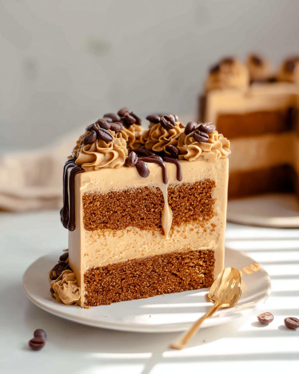A decadent slice of Mary Berry-inspired Coffee Layer Cake, featuring coffee sponge, buttercream, and chocolate drizzle.
