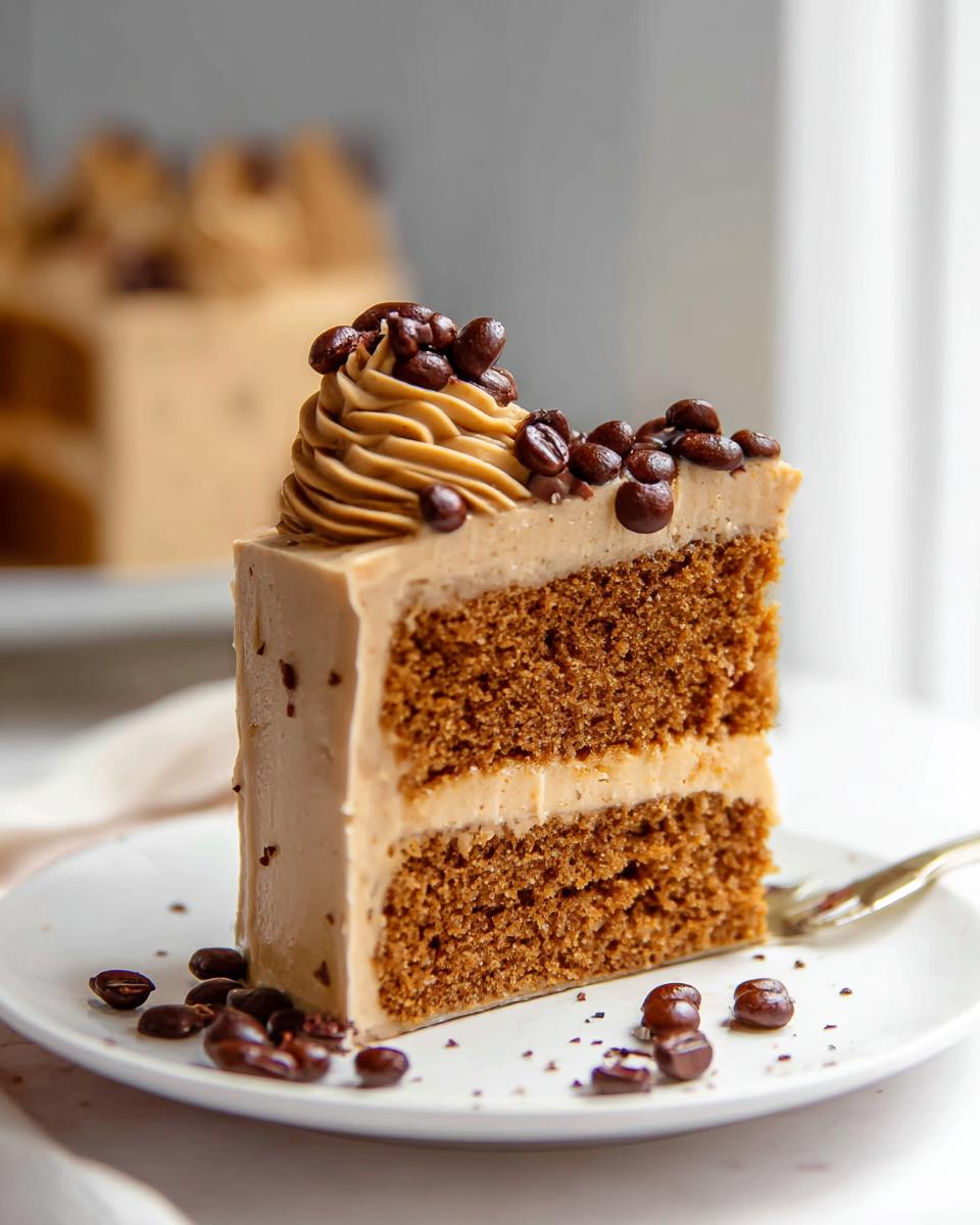 A slice of delicious Coffee Layer Cake, Mary Berry-Inspired, with rich coffee buttercream and chocolate-covered espresso beans.