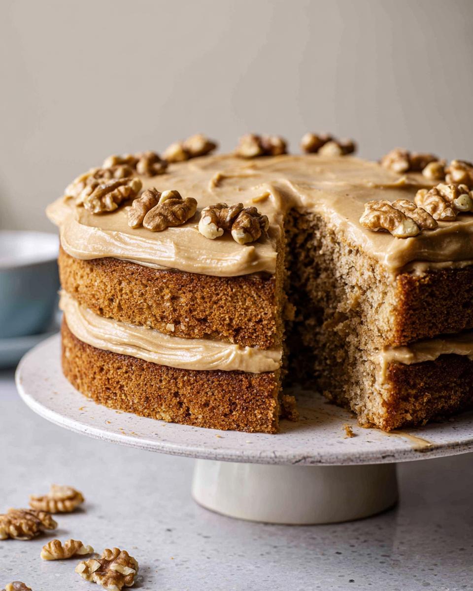 A slice taken from a Coffee and Walnut Cake Mary Berry-Inspired, showing two layers of sponge and coffee buttercream, topped with walnuts.