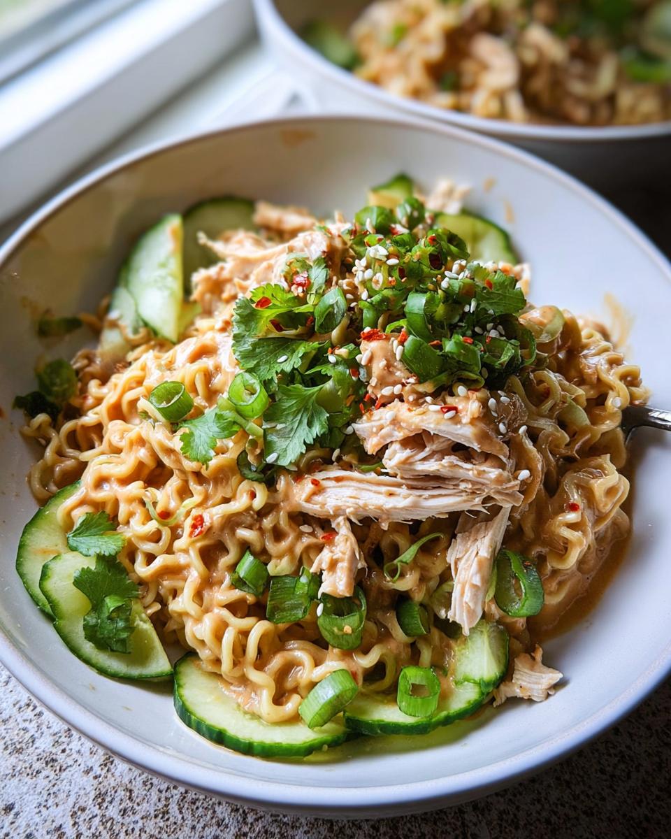 A bowl of Cold Peanut Noodles with Chicken and Crunchy Cucumbers, topped with fresh cilantro and sesame seeds.