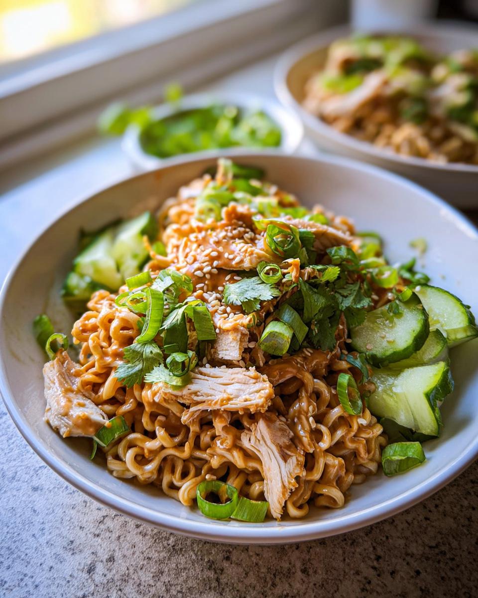 A close-up of Cold Peanut Noodles with Chicken and Crunchy Cucumbers, topped with sesame seeds and green onions.
