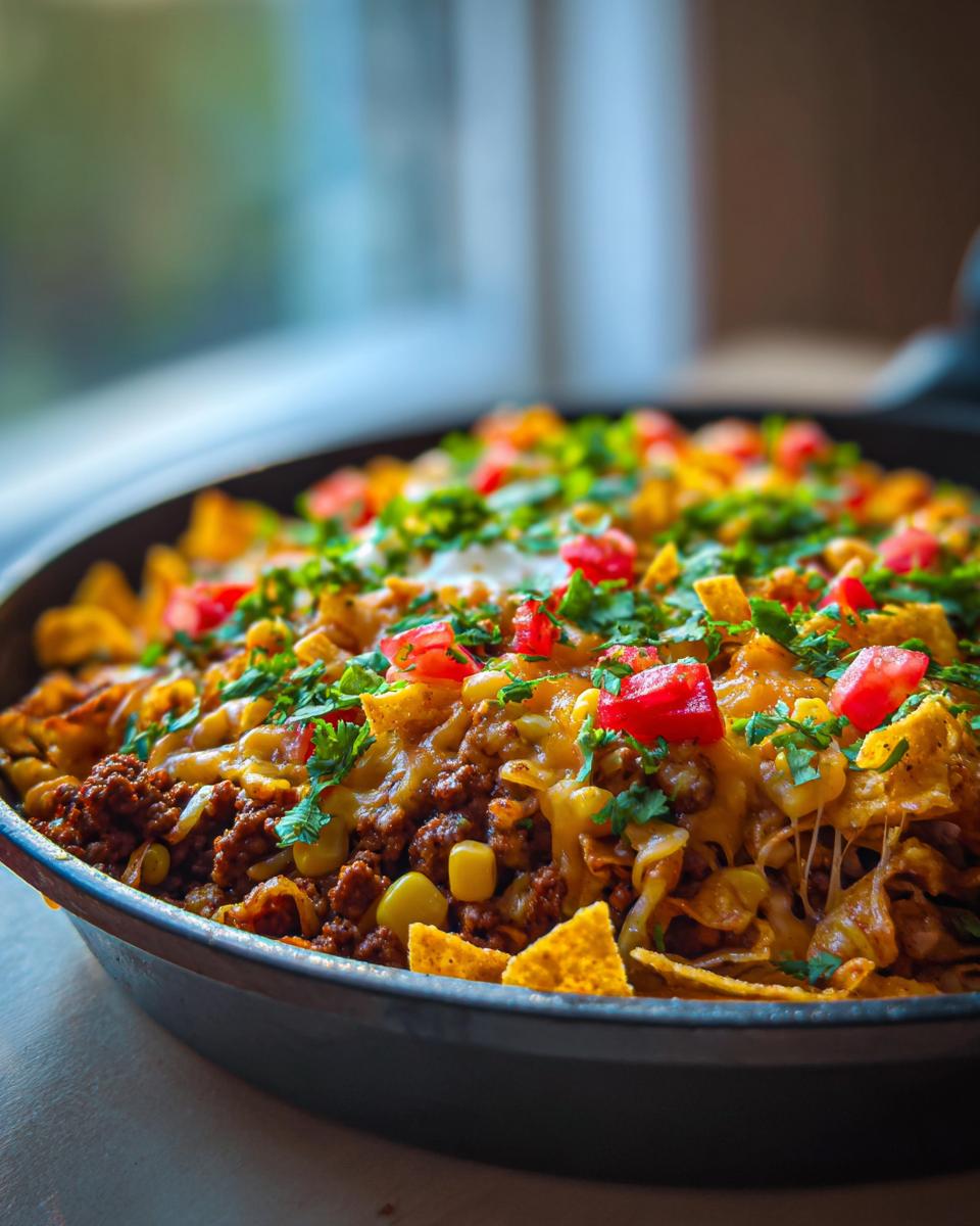 A close-up of a skillet filled with cowboy cabbage with ground beef, topped with melted cheese, corn, tomatoes, and cilantro.