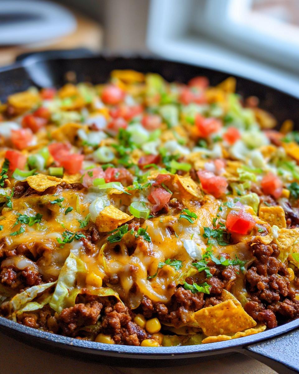 A close-up of cowboy cabbage with ground beef, topped with melted cheese, crushed tortilla chips, tomatoes, and green onions.