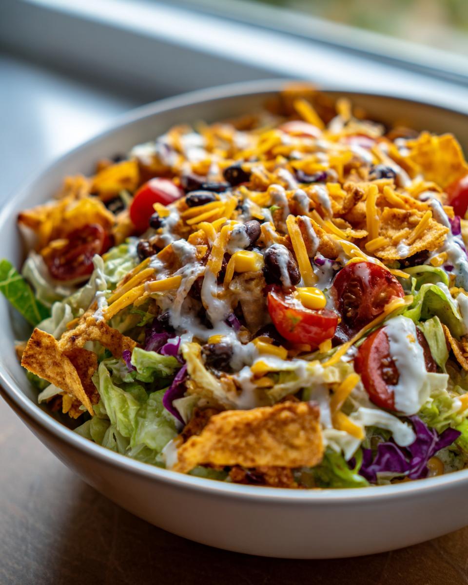 A vibrant bowl of cowboy cabbage salad featuring shredded lettuce, red cabbage, black beans, corn, tomatoes, shredded cheese, and tortilla chips.