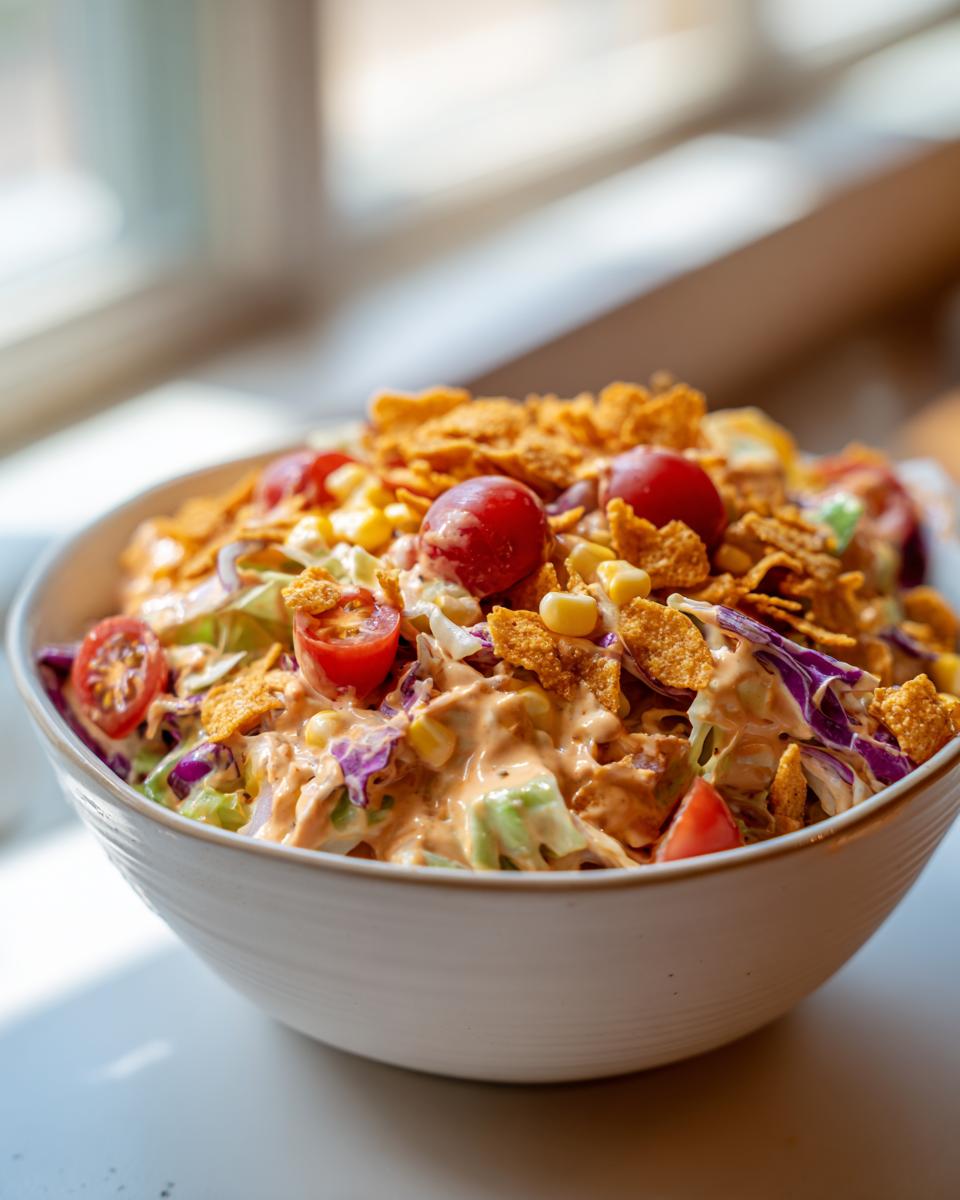 A close-up of a fresh cowboy cabbage salad in a white bowl, topped with corn, cherry tomatoes, and crunchy cereal.