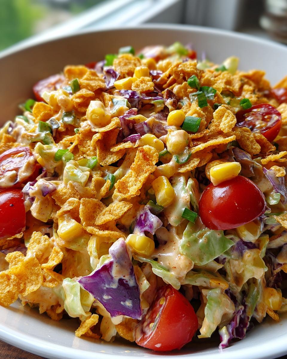 A close-up of a bowl filled with cowboy cabbage salad, featuring crunchy cornflakes, cherry tomatoes, corn, and red cabbage.