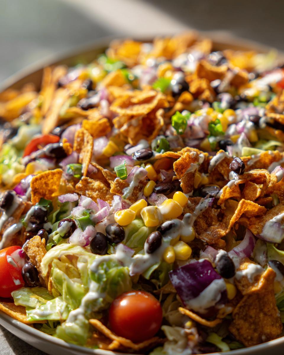 A close-up of a vibrant cowboy cabbage salad featuring crisp lettuce, black beans, corn, red onion, cherry tomatoes, and crunchy tortilla chips, drizzled with dressing.