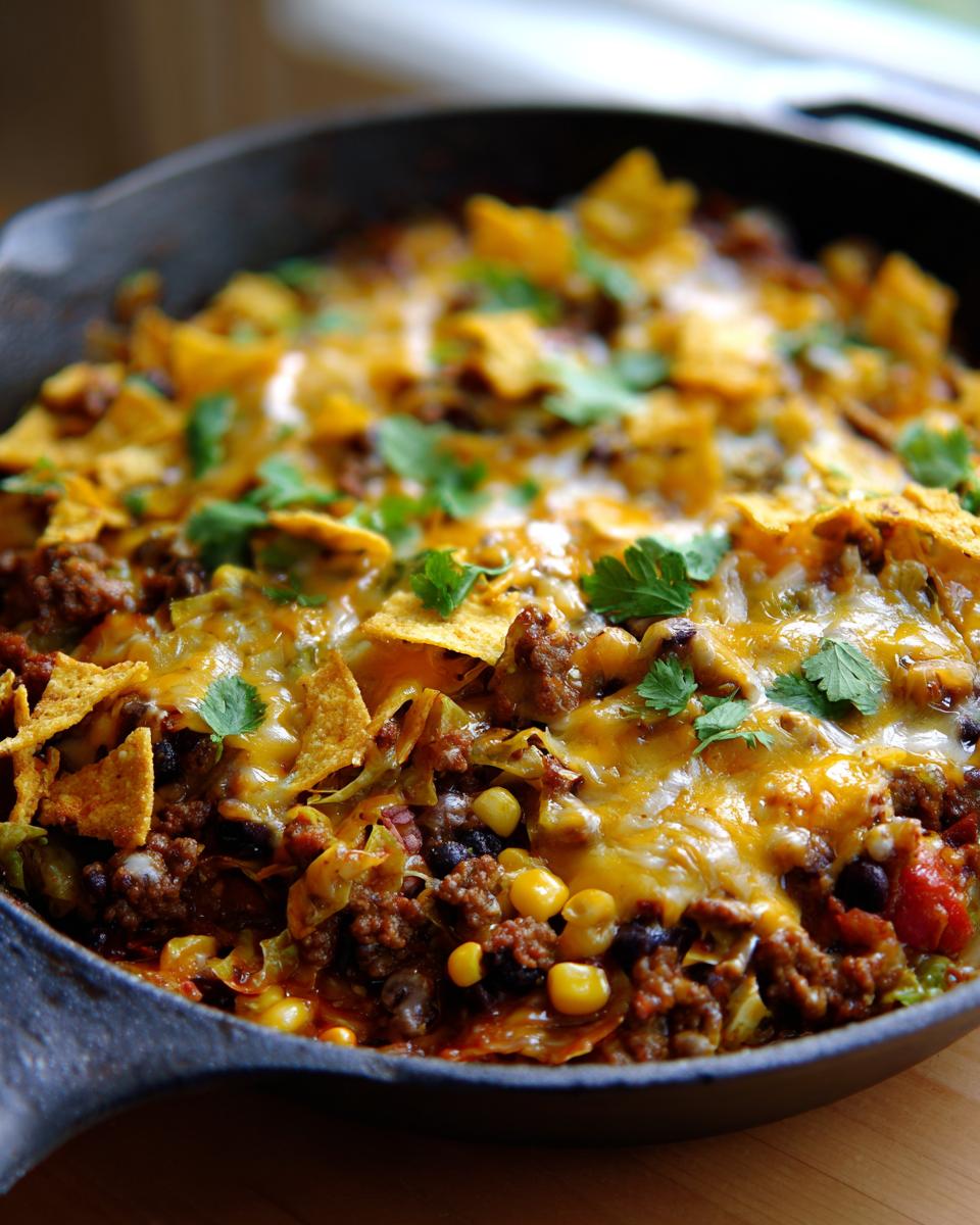 A close-up view of a bubbling cowboy cabbage skillet topped with melted cheese, tortilla chips, and fresh cilantro.