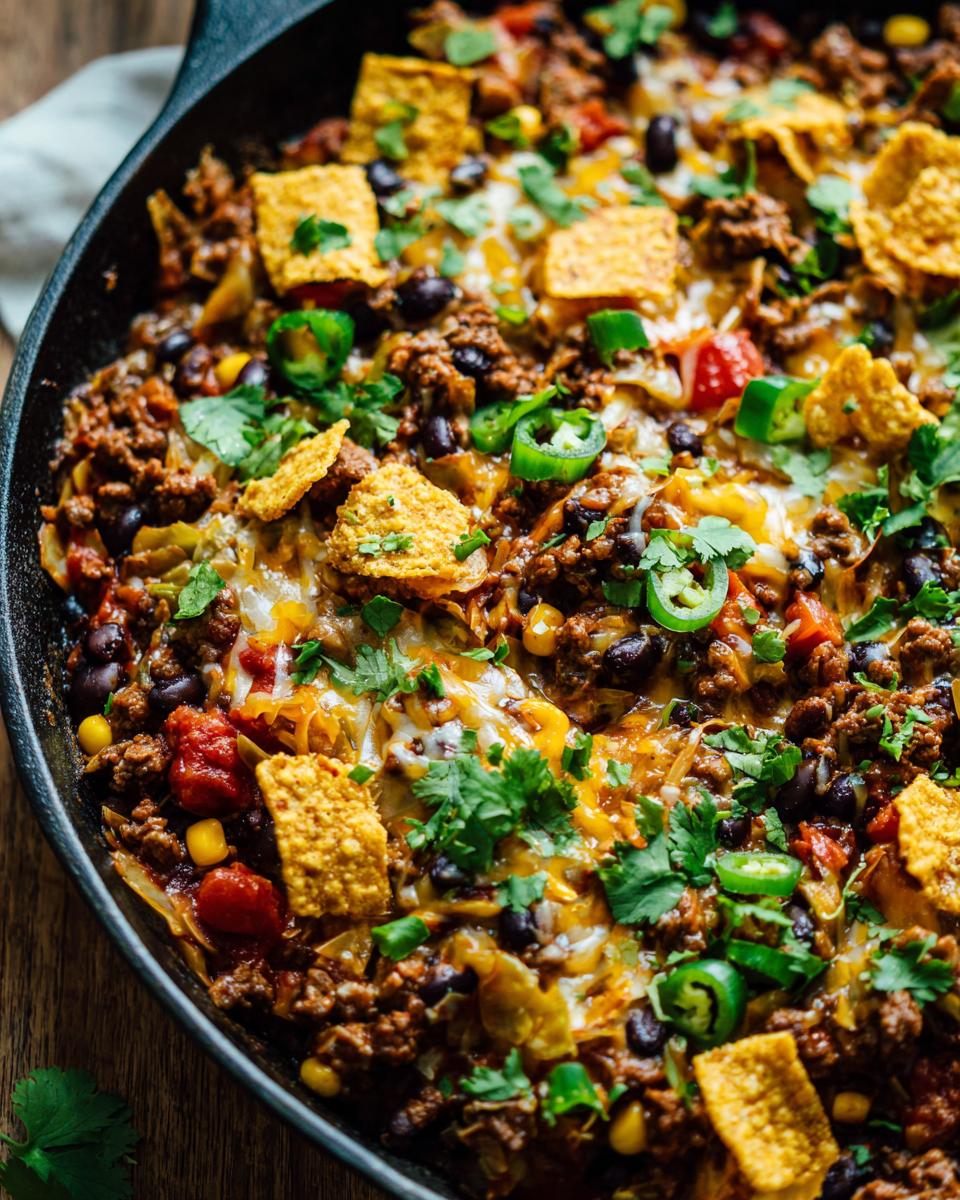 Close-up of a cowboy cabbage skillet filled with ground beef, black beans, corn, cheese, jalapeños, and tortilla chips.