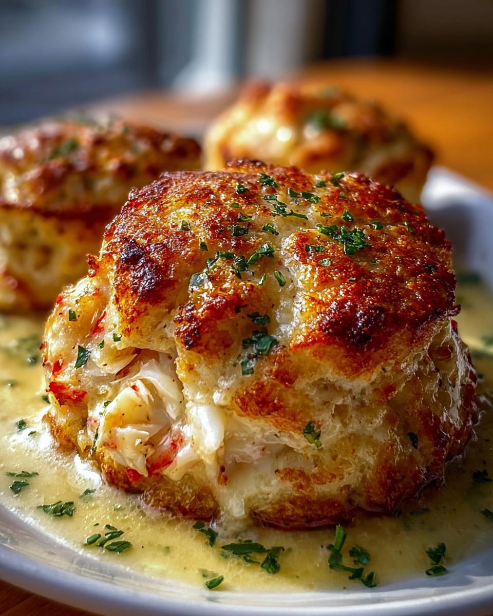 A close-up of a golden-brown Cheddar Bay biscuit stuffed generously with lump crab meat, served in a creamy sauce.