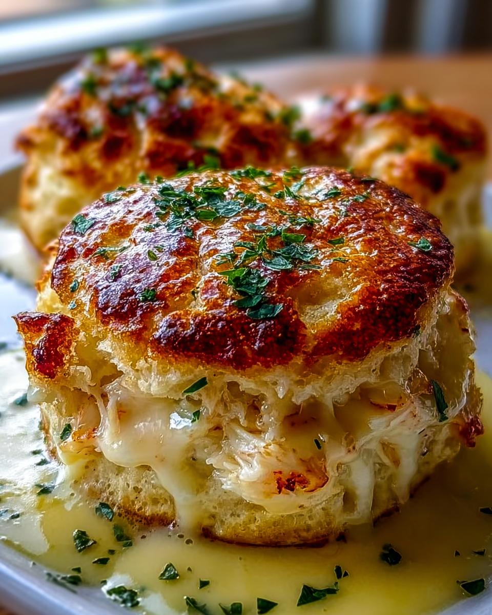 Close-up of a golden-brown Crab Stuffed Cheddar Bay Biscuit, oozing with cheesy crab filling and drizzled with sauce.