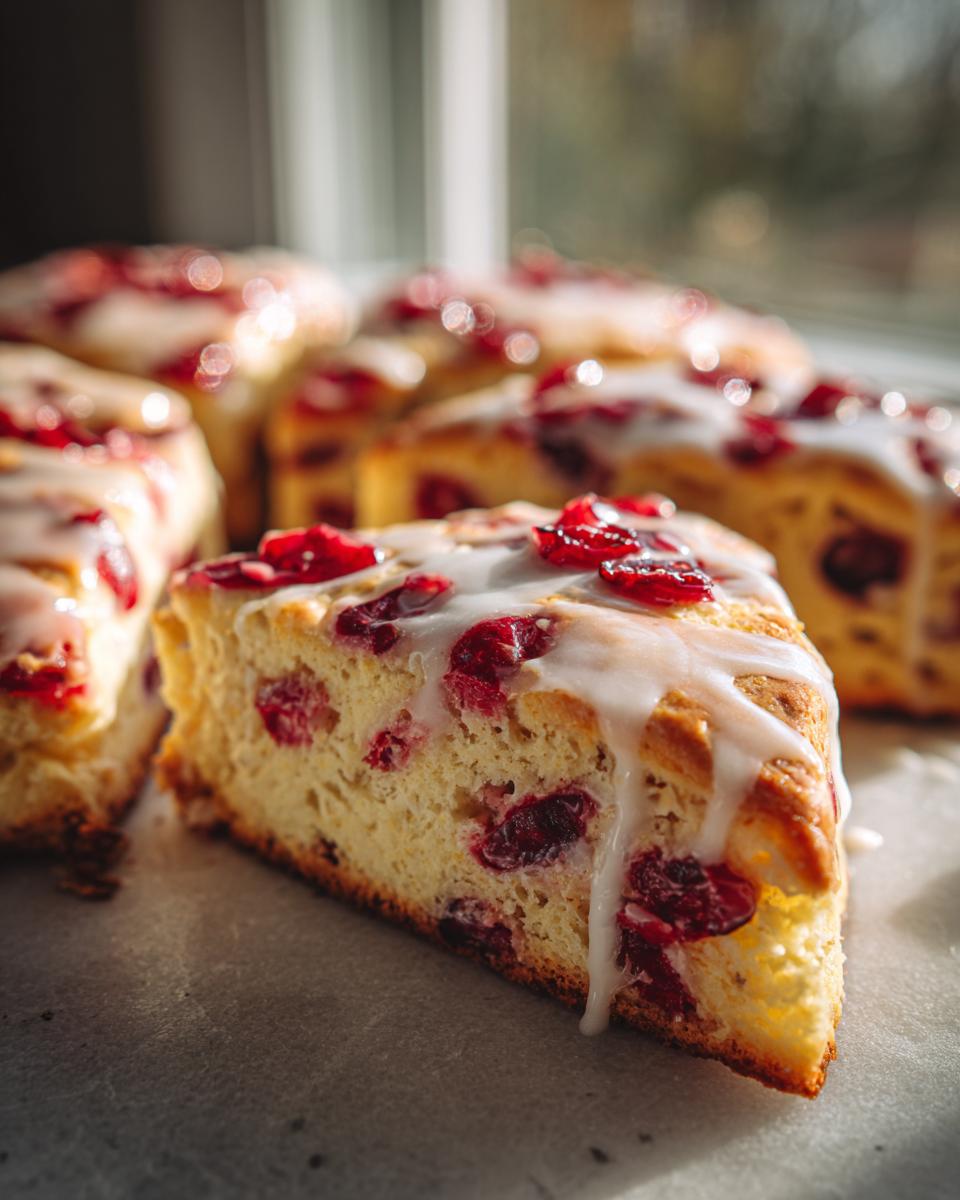 Close-up of a freshly baked Cranberry Orange Scone, drizzled with icing and topped with cranberries.