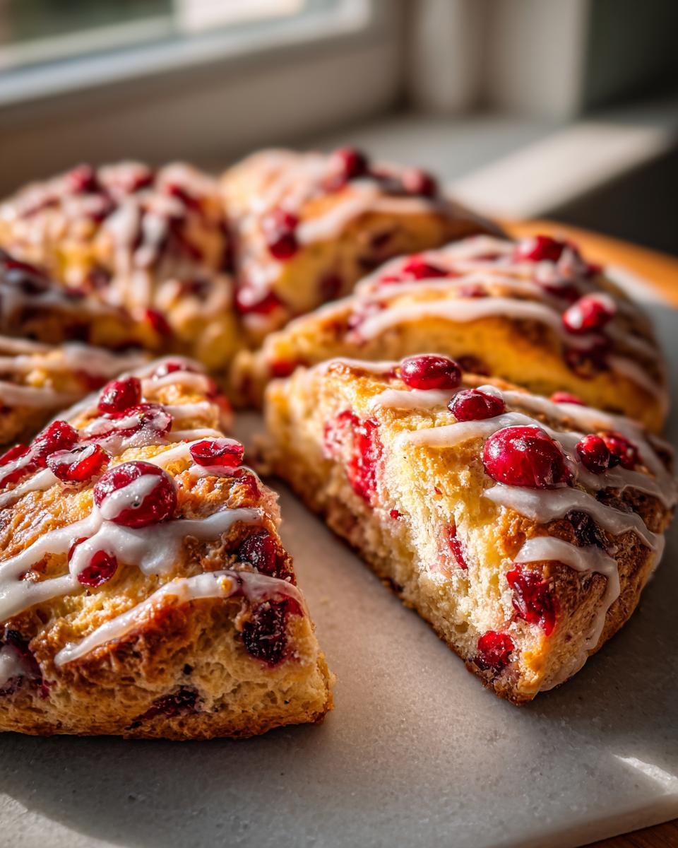 Close-up of freshly baked Cranberry Orange Scones Inspired by Mary Berry, drizzled with icing and topped with cranberries.