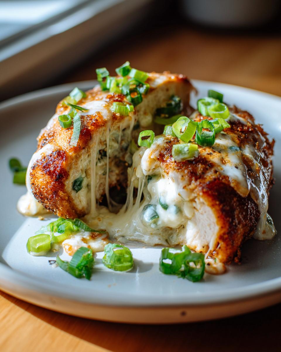 Close-up of Cream Cheese Stuffed Jalapeno Chicken, showing melted cheese and green onions.