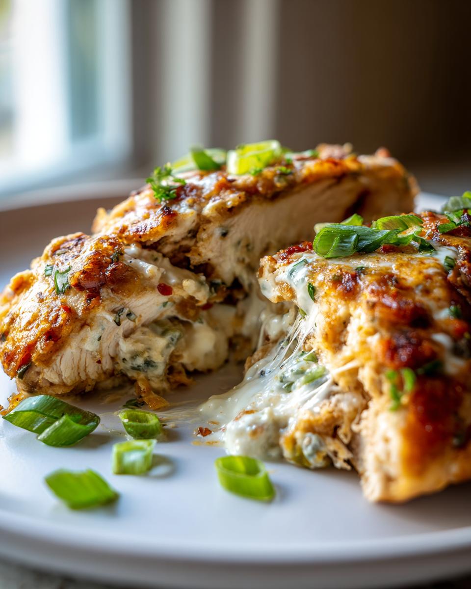 Close-up of a Cream Cheese Stuffed Jalapeno Chicken Recipe, showing melted cheese oozing out.