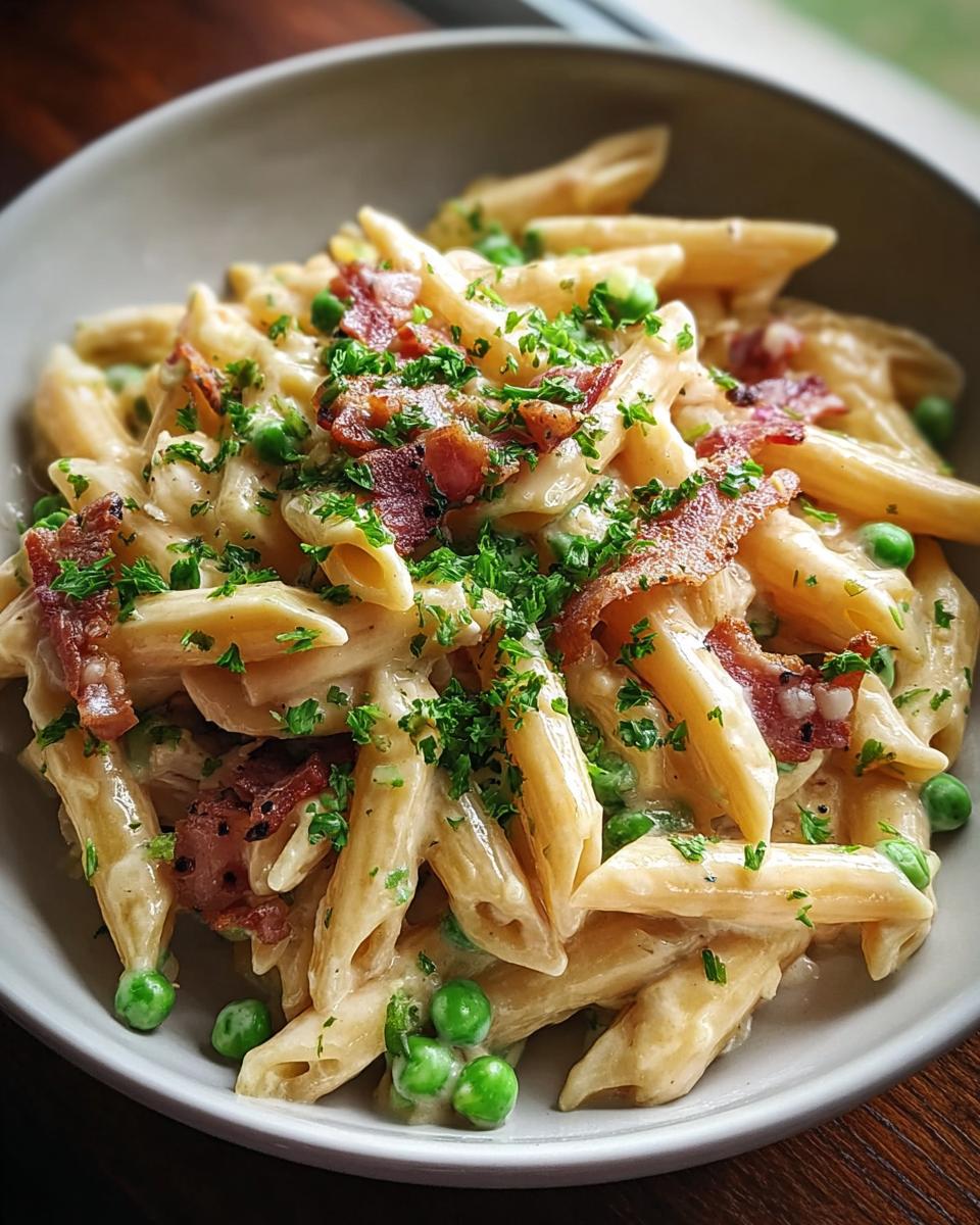 A close-up of a bowl filled with Creamy Bacon and Pea Pasta, garnished with fresh parsley.