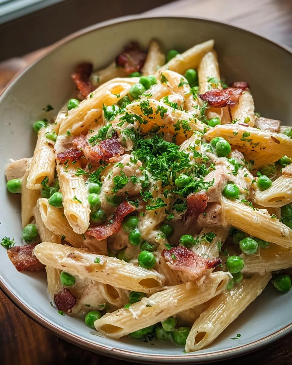 A close-up of creamy bacon and pea pasta with penne, garnished with fresh parsley.