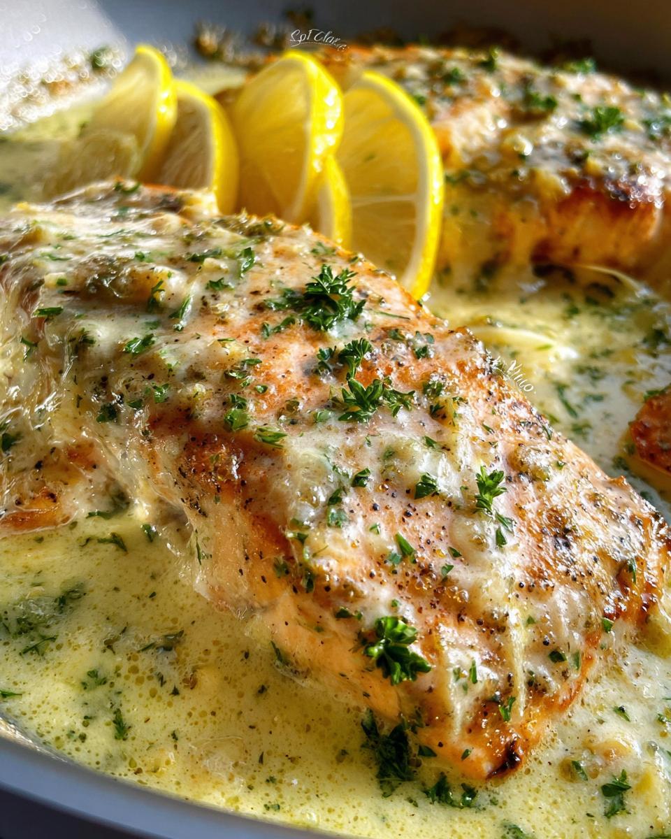 Close-up of creamy baked salmon in lemon butter garlic sauce, garnished with lemon slices and parsley.