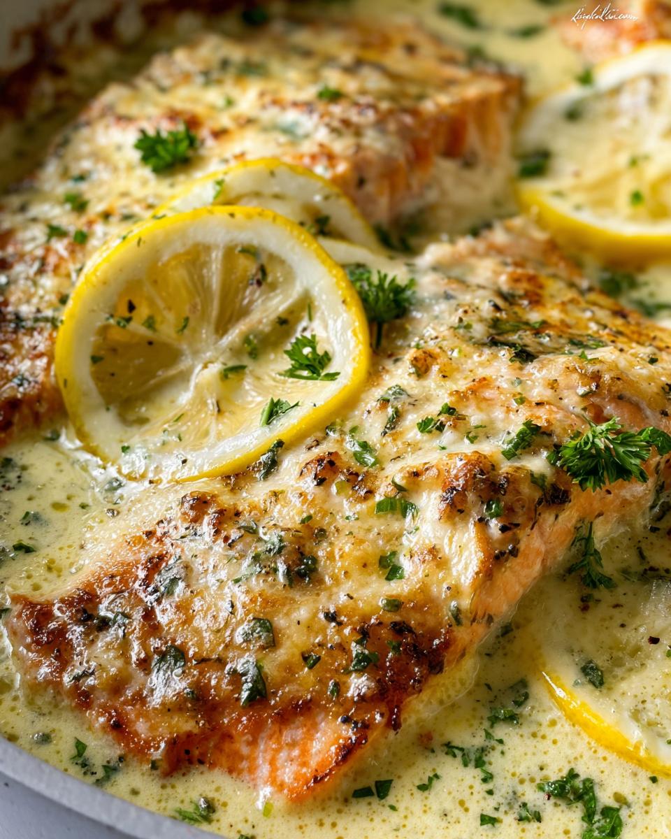 Close-up of flaky Creamy Baked Salmon fillets topped with lemon slices and fresh parsley in a rich butter garlic sauce.