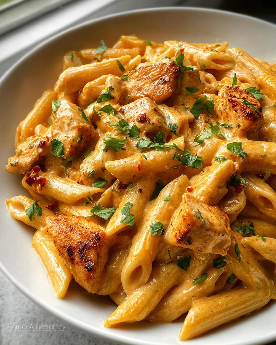 A close-up of a bowl filled with Creamy Cajun Chicken Pasta, featuring penne pasta and tender chicken pieces in a rich sauce, garnished with parsley.