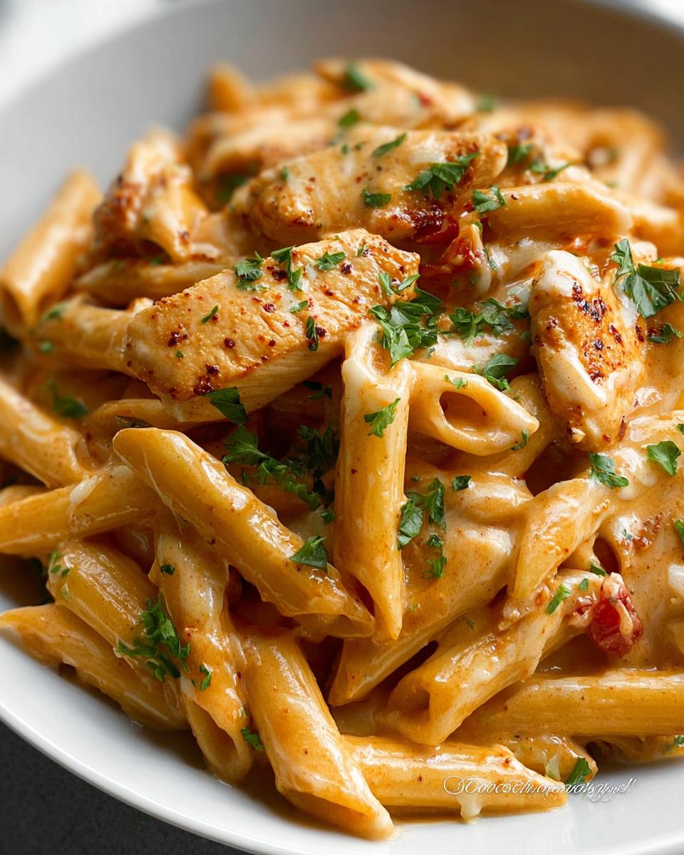 Close-up of a bowl of Creamy Cajun Chicken Pasta, featuring penne pasta coated in a rich sauce with sliced chicken and parsley.
