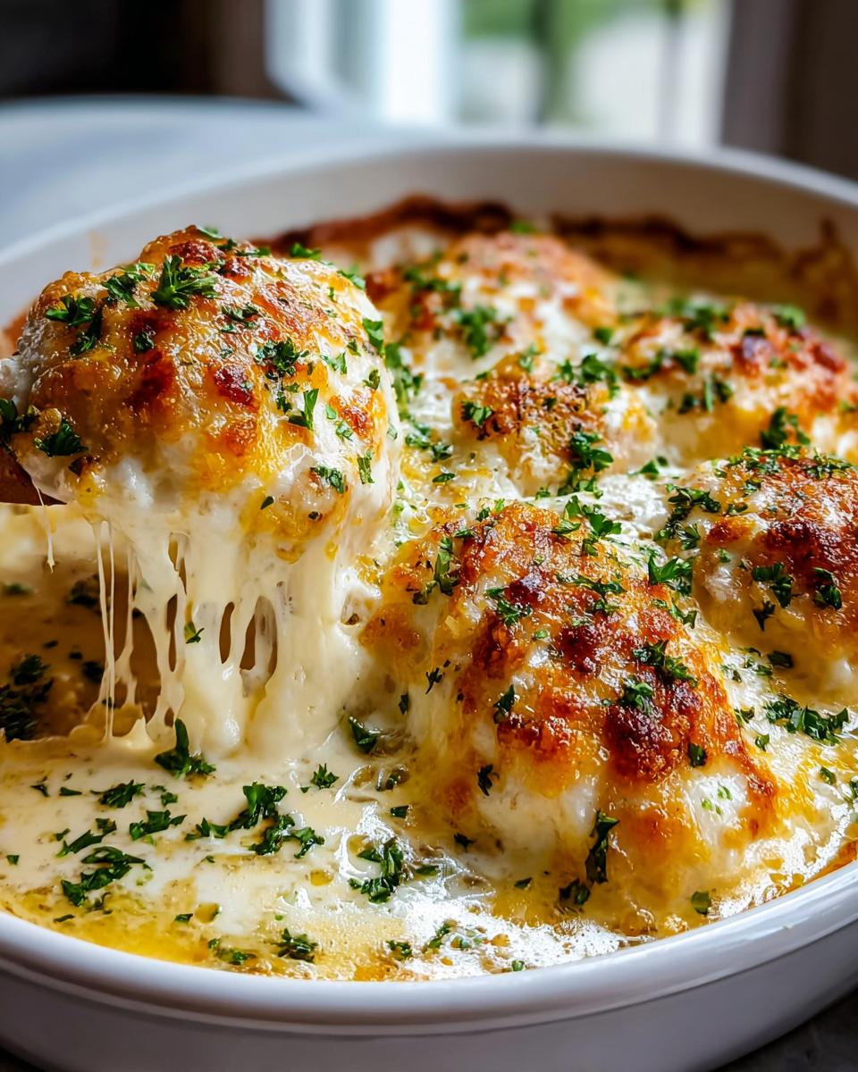 A scoop lifting a piece of Creamy Cheesy Sour Cream Chicken Bake, showing melted cheese strings and parsley garnish.