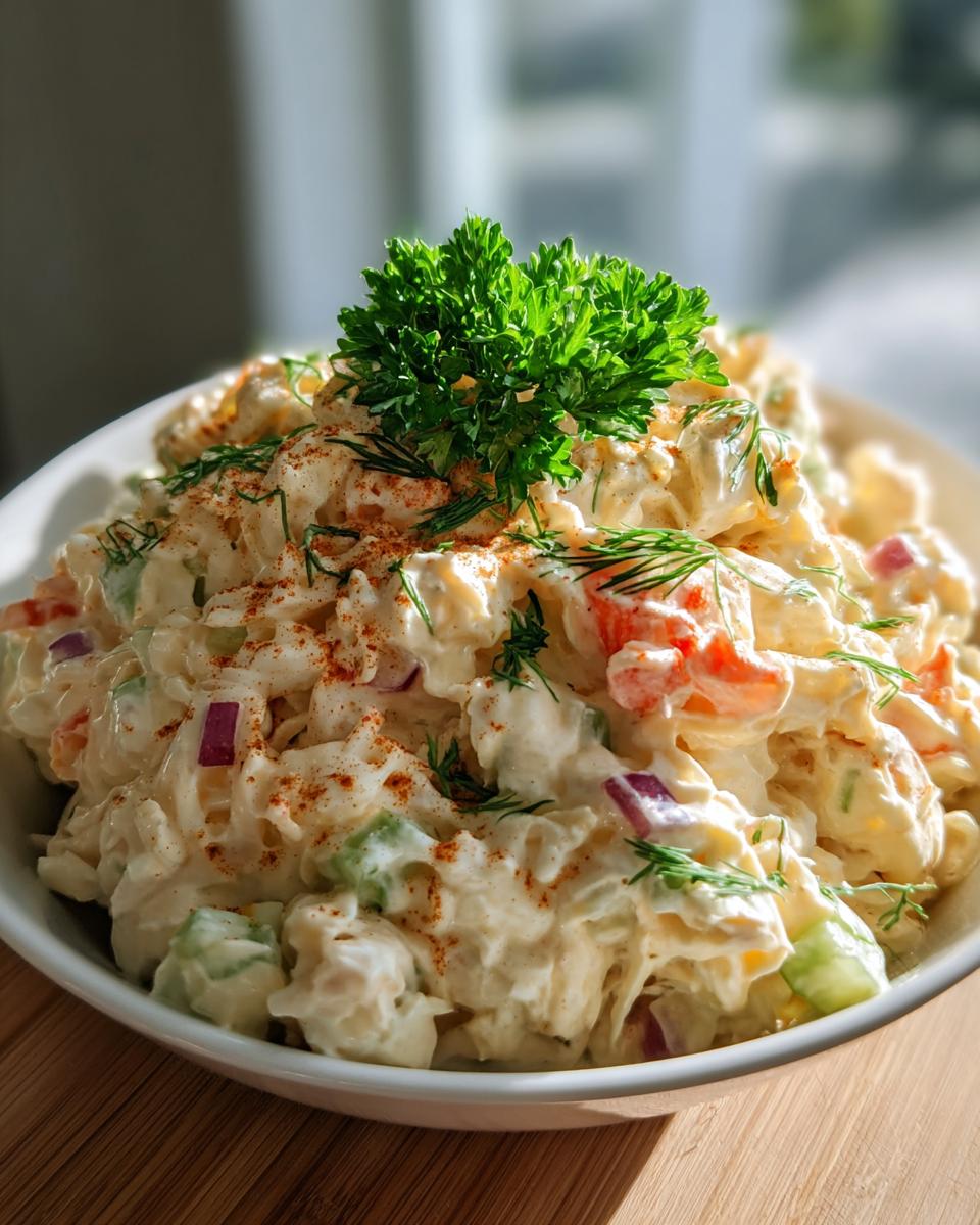 A bowl of creamy crab salad with chopped celery, red onion, and dill, garnished with parsley and paprika.
