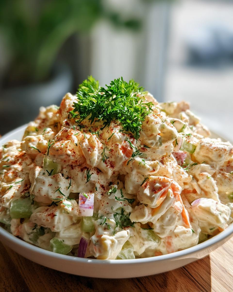 A bowl of creamy crab salad with celery, red onion, and parsley, sprinkled with paprika.