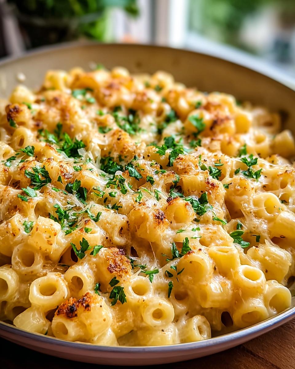 A close-up of a bowl filled with creamy ditalini pasta, topped with melted cheese and fresh parsley.